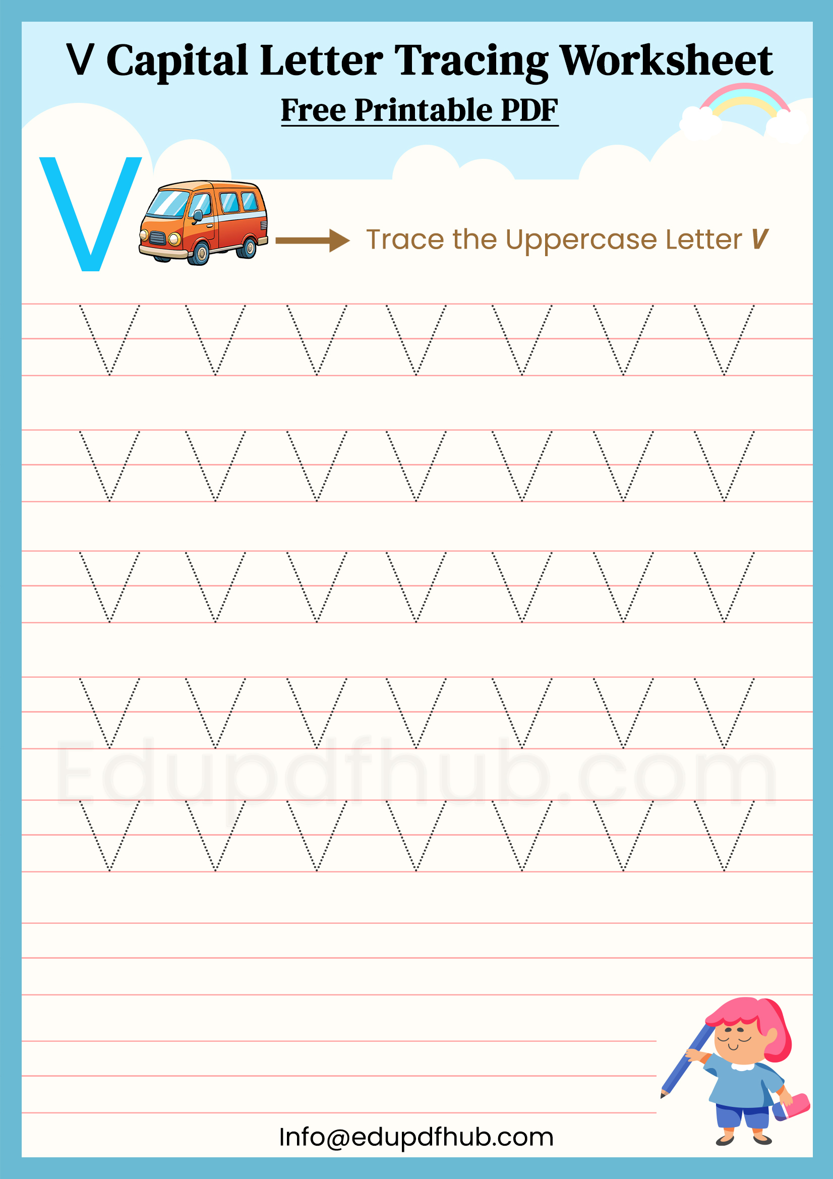 V Capital Letter Tracing Worksheet Printable PDF for Kids